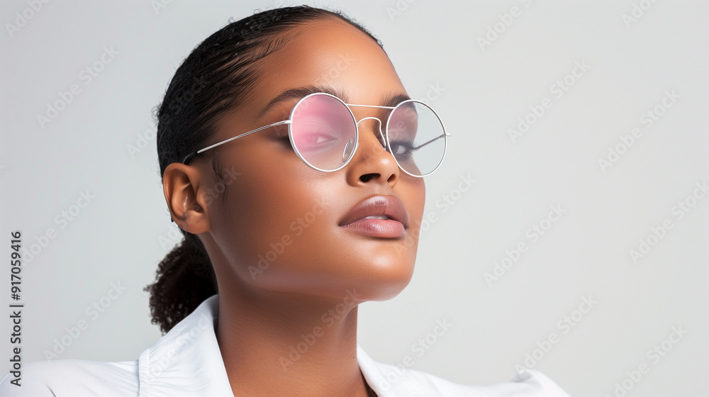 Chic woman with dark round sunglasses and a white outfit, showcasing an elegant and sophisticated look with a touch of modern style. Chic woman with dark round sunglasses and a white outfit, showcasing an elegant and sophisticated look with a touch of modern style.