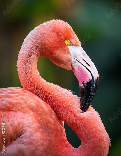 Close-up of a common flamingo's head and neck against a nature background photo