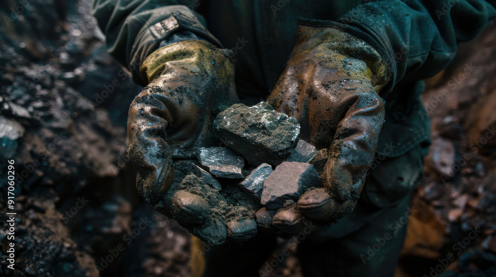 A close-up photograph of a miner's hands holding rough minerals, rugged texture, and dirt-covered gloves A close-up photograph of a miner's hands holding rough minerals, rugged texture, and dirt-covered gloves