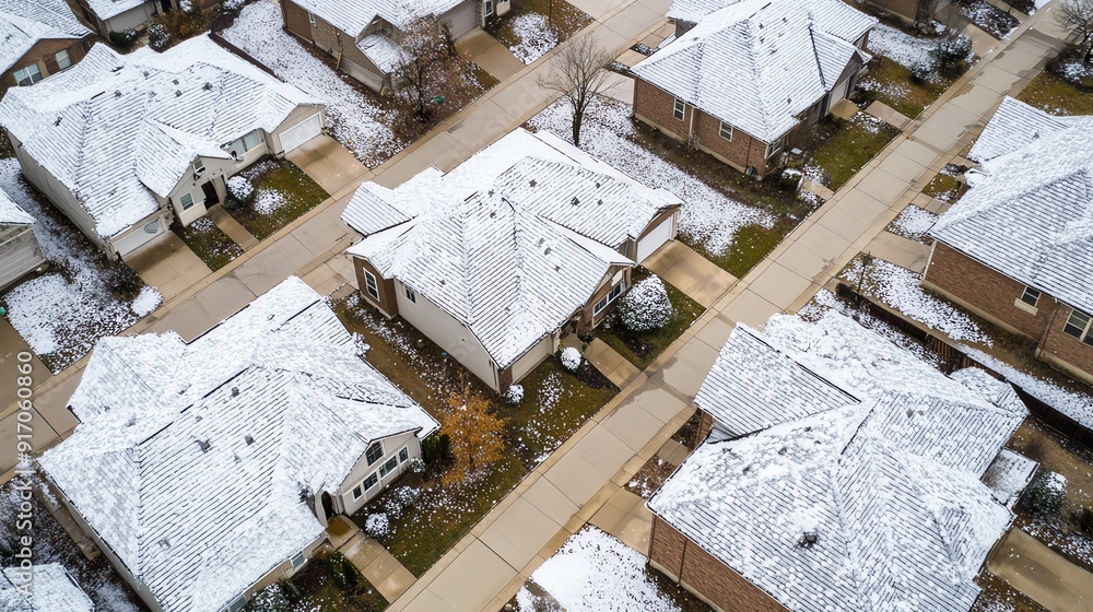 Drone view of multiple rooftops in a neighborhood, all blanketed by hailstones and showing varying degrees of damage Drone view of multiple rooftops in a neighborhood, all blanketed by hailstones and showing varying degrees of damage