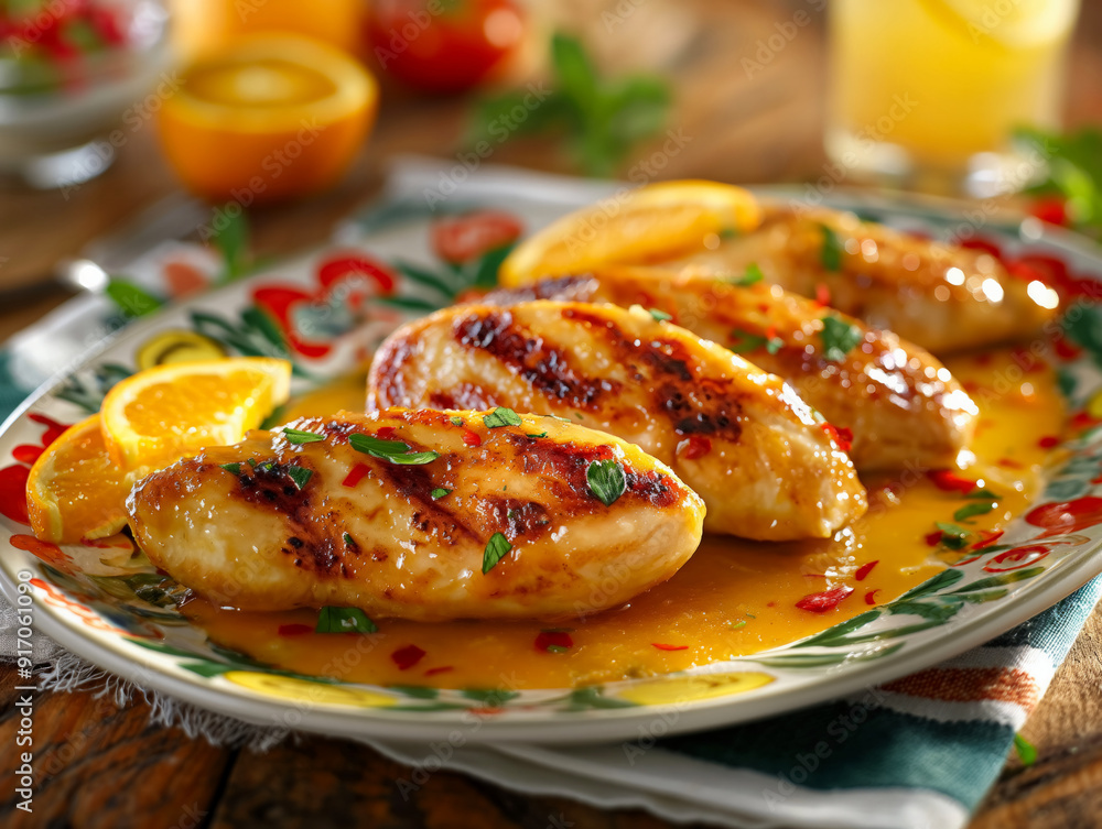A plate of chicken with orange sauce and garnished with parsley. The chicken is grilled and looks delicious A plate of chicken with orange sauce and garnished with parsley. The chicken is grilled and looks delicious