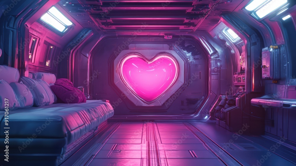 Futuristic spaceship room with pink heart in cyberpunk style illustration. Love, feelings, romantic Valentine concept. AI generation Futuristic spaceship room with pink heart in cyberpunk style illustration. Love, feelings, romantic Valentine concept. AI generation
