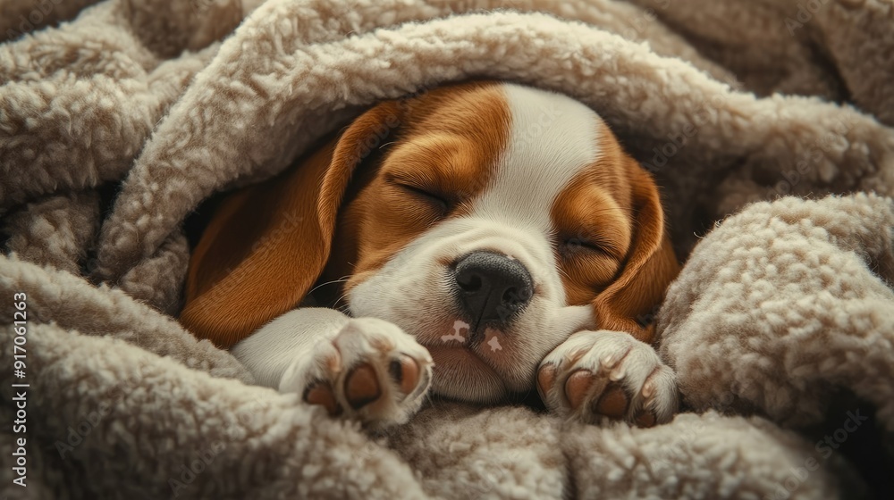 Sweet Beagle puppy asleep in a fluffy bed, with its tiny paws peeking out from under a blanket, showcasing its innocent charm