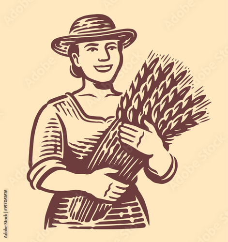 Woman farmer holding wheat bundle. Girl holds sheaf of fresh rye. Farm food emblem or logo vector illustration