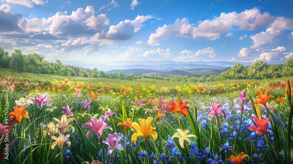Scenic view of a spring meadow with clusters of colorful lilies and irises, showcasing the diverse beauty of springtime flora. Scenic view of a spring meadow with clusters of colorful lilies and irises, showcasing the diverse beauty of springtime flora.