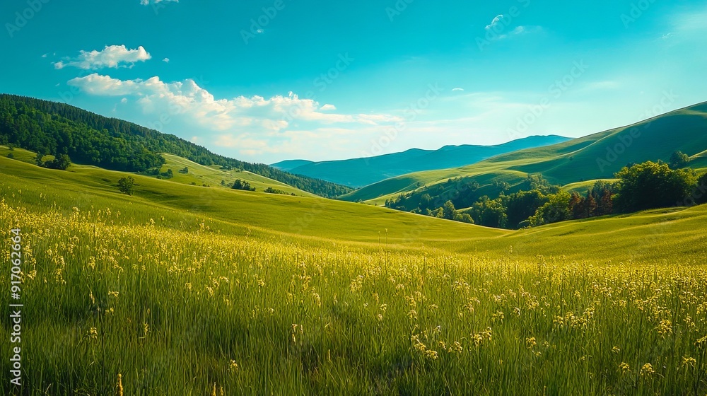 Fototapeta premium A field of green grass with mountains in the background