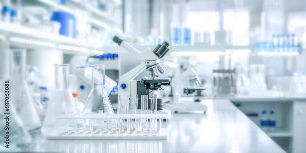 Blurred background with modern laboratory with microscopes and scientific equipment ready for research. Concept of scientific discoveries, medicine, and advanced technologies Blurred background with modern laboratory with microscopes and scientific equipment ready for research. Concept of scientific discoveries, medicine, and advanced technologies