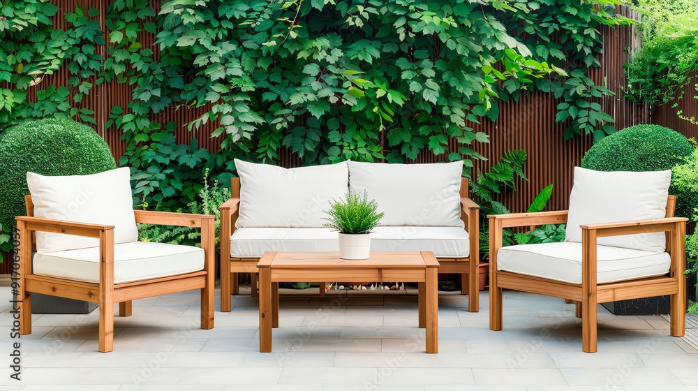 Bamboo patio set with outdoor cushions, ecofriendly garden furniture, sustainable lifestyle, relaxing backyard space, natural tones, greenery surrounding Bamboo patio set with outdoor cushions, ecofriendly garden furniture, sustainable lifestyle, relaxing backyard space, natural tones, greenery surrounding