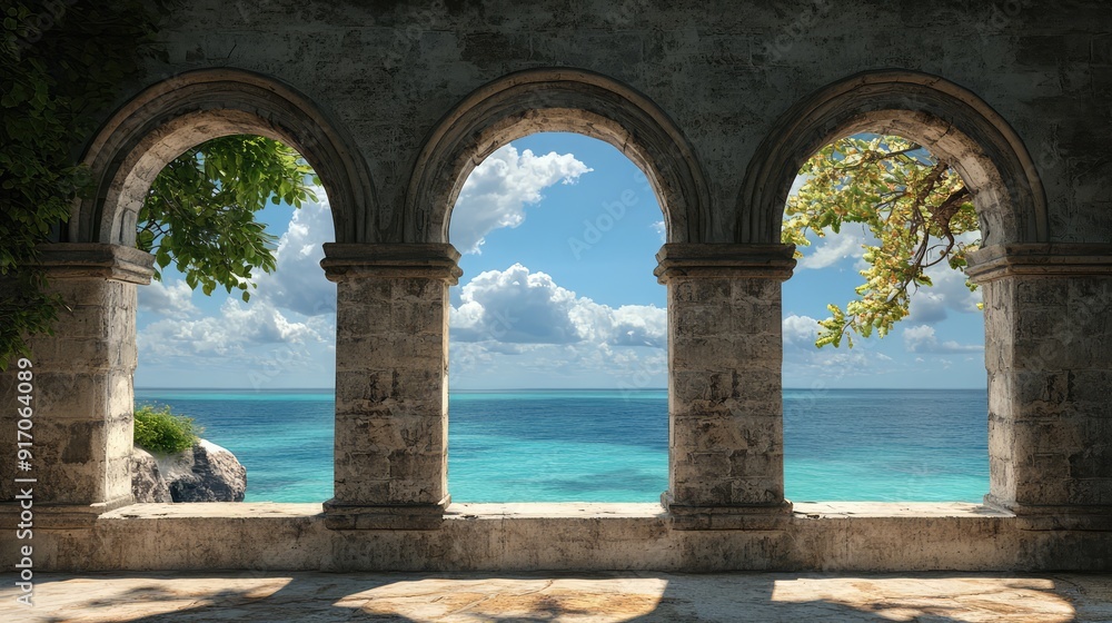 Historic medieval stone arched windows with romantic view of sea or ocean, summer landscape background. Generation of Ai