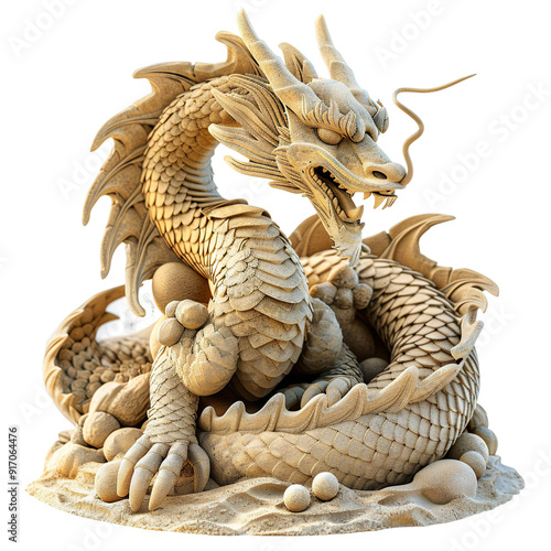 Front view of an intricate sand dragon sculpture isolated on a white transparent background photo