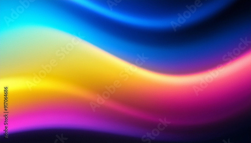 Symphony of Gradient Waves in Vibrant Yellow, Pink, and Blue Hues Against a Deep Black Canvas, Dynamic Motion in a Minimalistic Abstract Design Vivid Fluidity