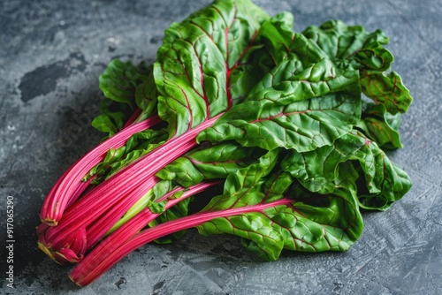 Close-up of vibrant red and green Swiss chard.