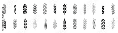 Big set of black branches with leaves. Hand drawing tree branches. Herbs, flowers and plants elements. Laurels wreaths, swirls, twigs and flower ornaments. Vintage decorative elements.