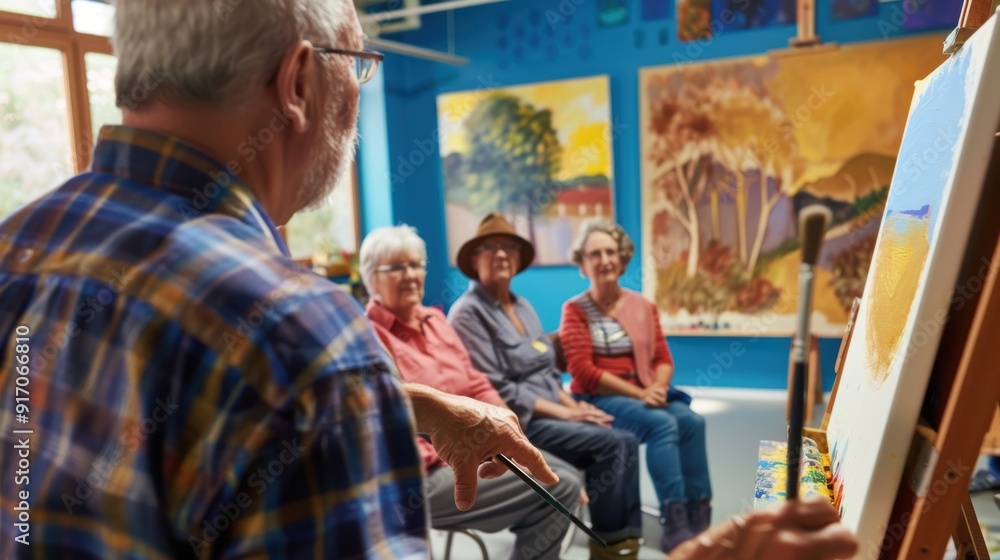 Art teacher explaining painting technique to his senior students during an art class