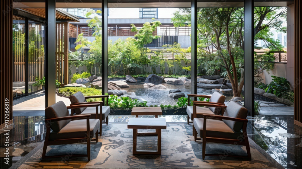 area offers a view of a tranquil water feature or garden, promoting a sense of peace and tranquility for guests area offers a view of a tranquil water feature or garden, promoting a sense of peace and tranquility for guests