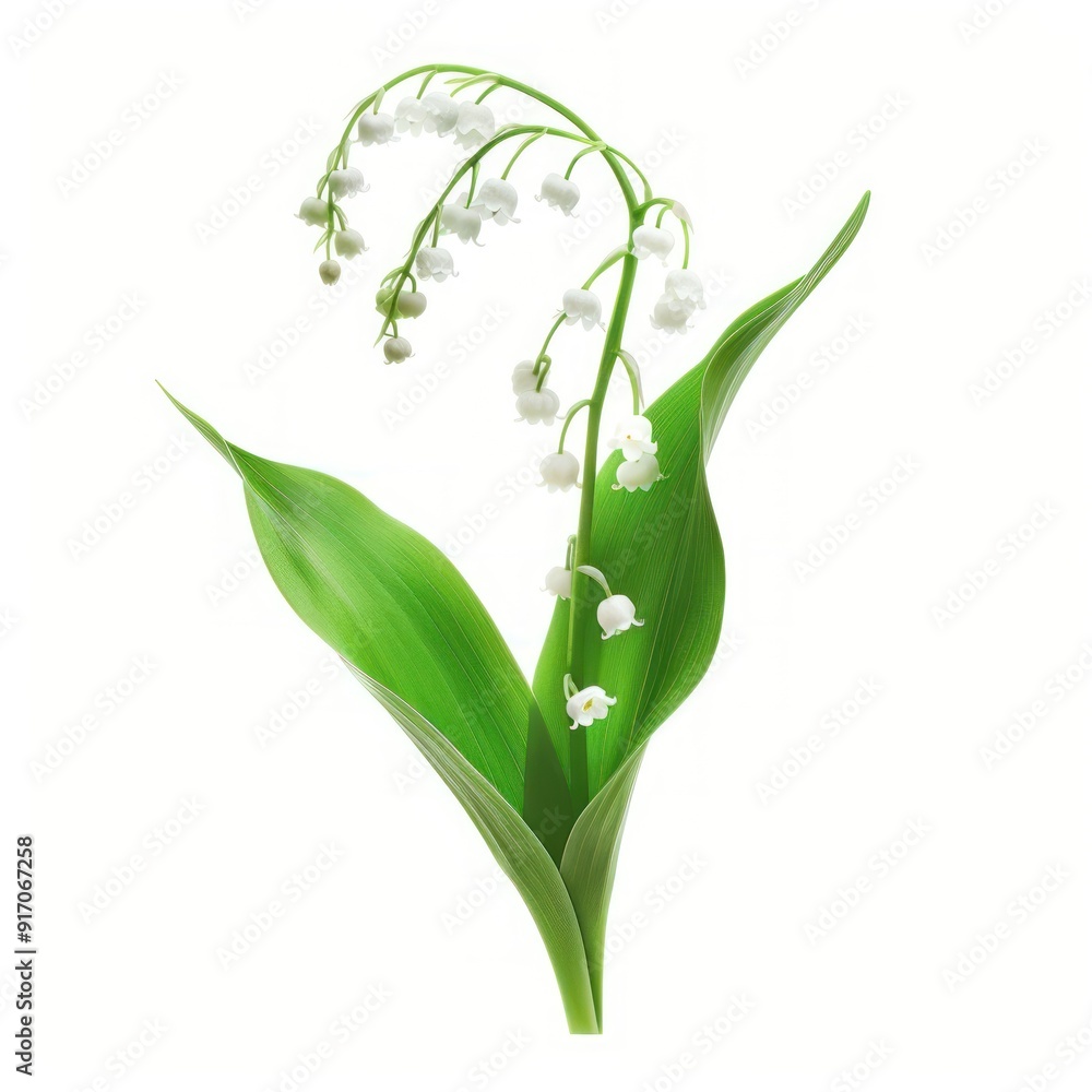 Delicate White Lily of the Valley Flowers with Green Leaves on White Background.