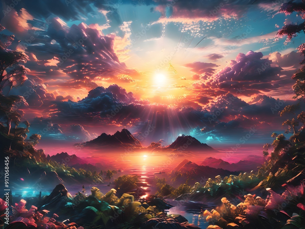 This captivating image features a man standing on a hill, gazing at a breathtaking sunset that paints the sky in vibrant hues of orange, pink, and purple. This captivating image features a man standing on a hill, gazing at a breathtaking sunset that paints the sky in vibrant hues of orange, pink, and purple.