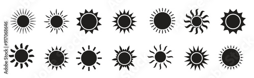 Sun vector icon summer symbol sunny set black silhouette Cartoon solar ray illustration