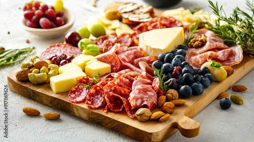 A wooden cutting board filled with different types of meats and cheeses