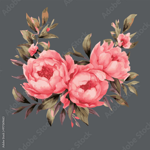 Hand painting watercolor peonies and leaves, pattern. Flowers and leaves for design. Beautiful  peony. Bouquet of flowers. Floral print. Marker drawing. Watercolor painting. Wedding and birthday 
