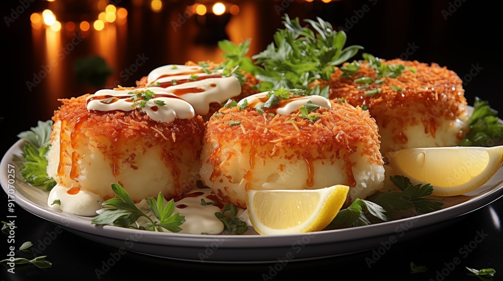 Crab cakes, close-up emphasizing the crispy textures, front view from above, studio lighting, white background. Crab cakes, close-up emphasizing the crispy textures, front view from above, studio lighting, white background.