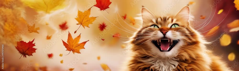 Cat and autumn. Autumn season. Happy cat with open mouth against the background of the autumn forest with maple leaves. Copy space template web banner Cat and autumn. Autumn season. Happy cat with open mouth against the background of the autumn forest with maple leaves. Copy space template web banner