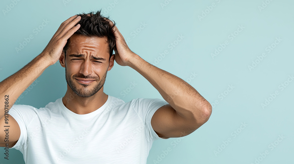 A young man expressing frustration with his hands on his head against a light blue background. Capturing a moment of stress. A young man expressing frustration with his hands on his head against a light blue background. Capturing a moment of stress.