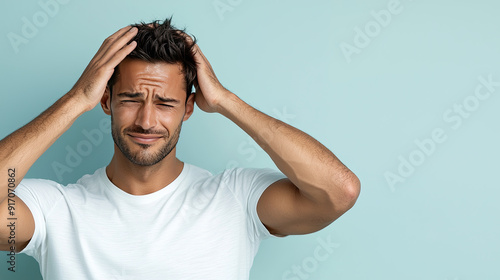 A young man expressing frustration with his hands on his head against a light blue background. Capturing a moment of stress.