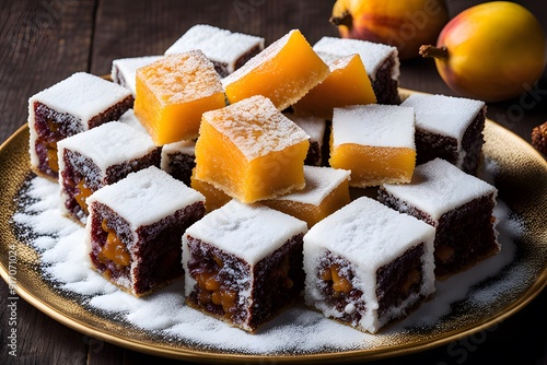 Traditional Turkish delight with apricots and sugar powder. Selective focus.