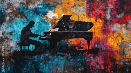 Jazz music street art with musical instrument silhouette. Colorful graffiti art on textured wall, background. Generation of Ai photo