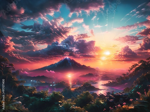 This captivating image features a man standing on a hill, gazing at a breathtaking sunset that paints the sky in vibrant hues of orange, pink, and purple.