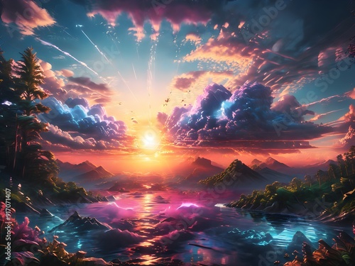 This captivating image features a man standing on a hill, gazing at a breathtaking sunset that paints the sky in vibrant hues of orange, pink, and purple.