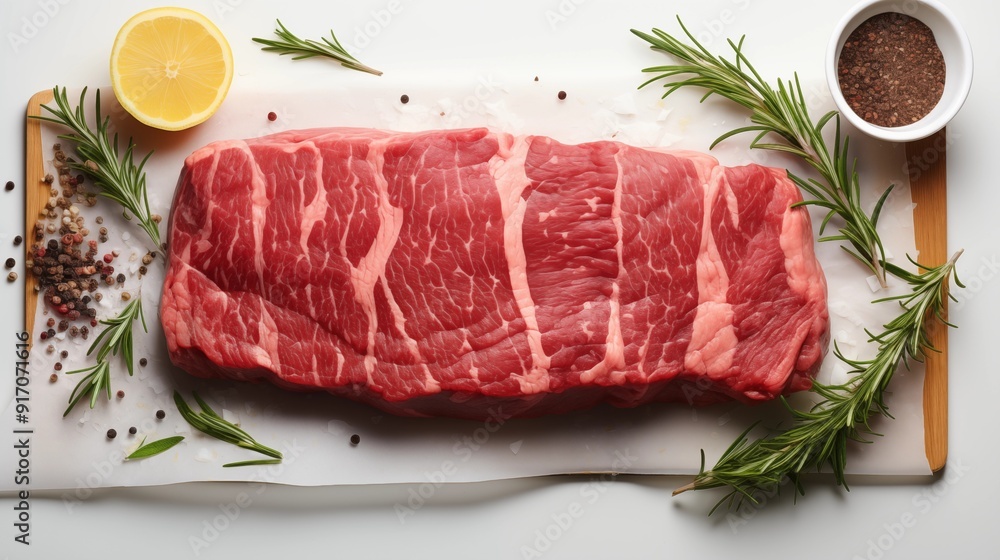 Delmonico steak in a close view, showcasing its savory textures, front view from above, studio lighting, white background. Delmonico steak in a close view, showcasing its savory textures, front view from above, studio lighting, white background.