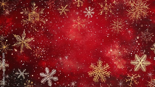 Festive Charm: A Beautiful Crimson Background with Delicate Snowflakes, Golden Stars, and White Dots - Perfect for Holiday-Themed Posters and Seasonal Home Decor!