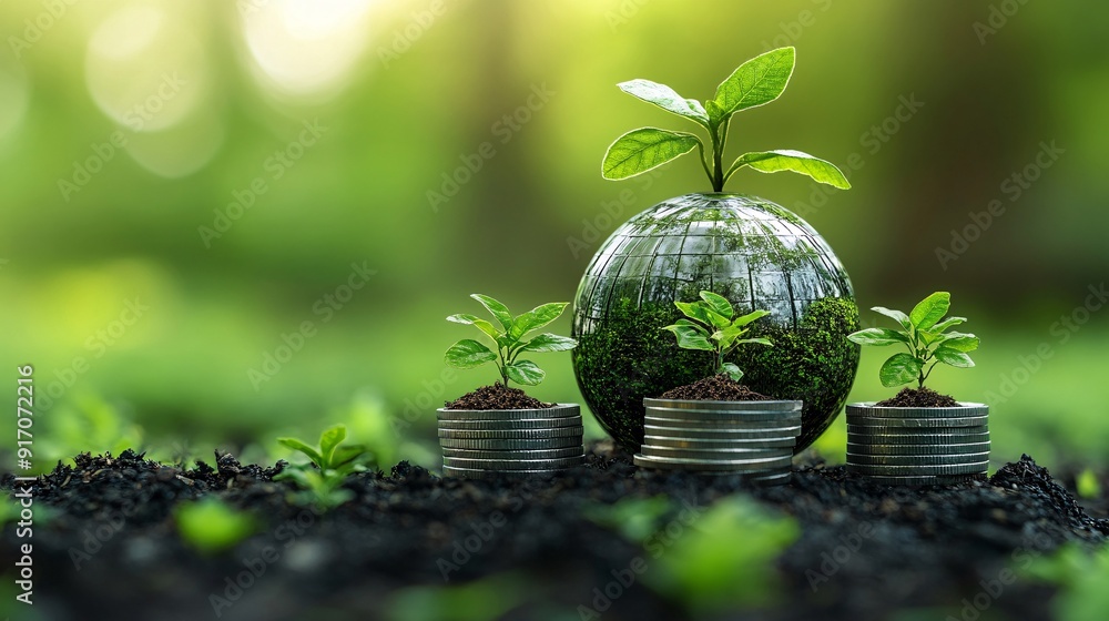 Stack of silver coins with seedlings on a green globe, reflecting sustainable growth, green economics, and environmental conservation. Stack of silver coins with seedlings on a green globe, reflecting sustainable growth, green economics, and environmental conservation.