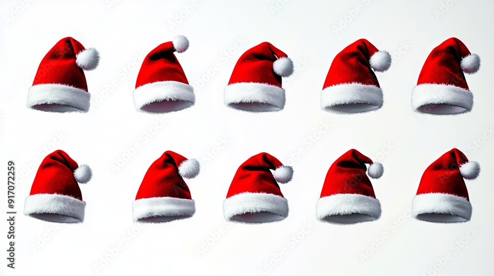 A bunch of red and white santa hats on a white background A bunch of red and white santa hats on a white background