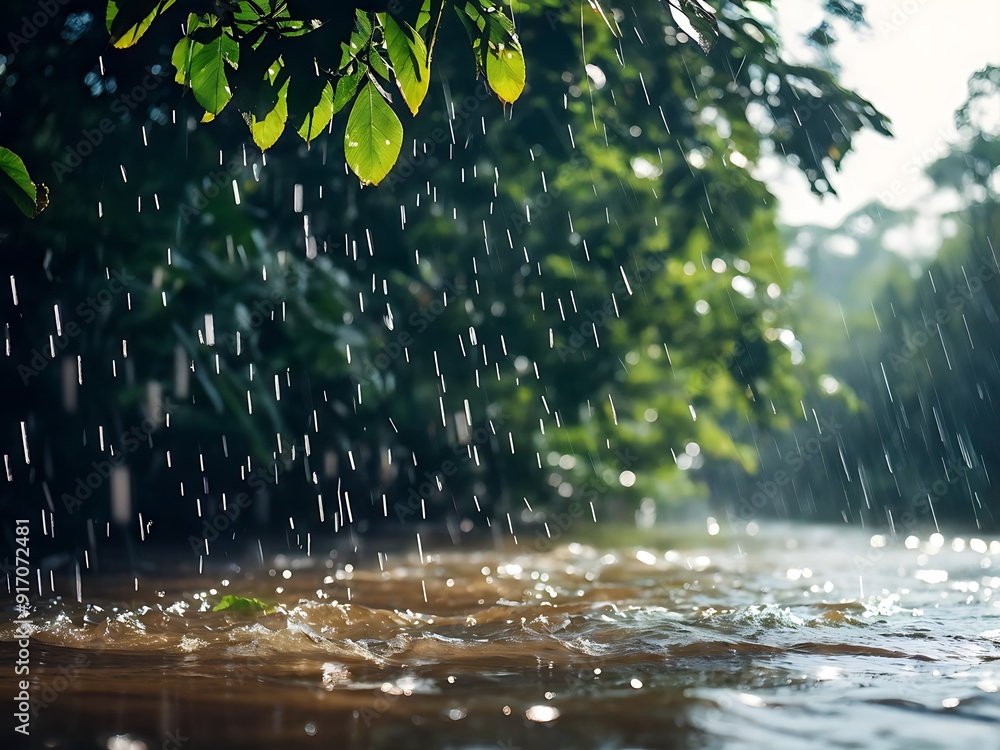 Fototapeta premium Rain Falling on a River