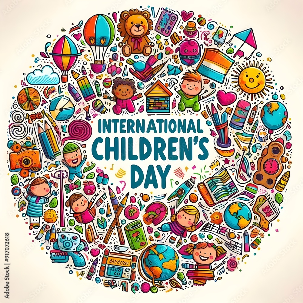 Obraz premium Colorful doodles celebrating International Children’s Day with balloons, toys, and smiling children