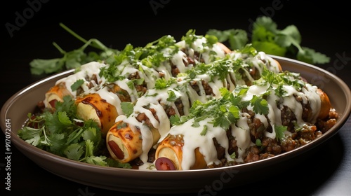 Enchiladas poblanas, close view showcasing rich textures, front view from above, studio lighting, white background. photo