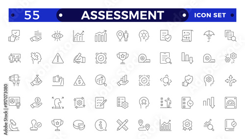 Assessment icons set. Stroke thin line vector illustration with goals, results, process, quality, evaluation, planning, analysis, auditing, financial report, measuring, expertise
