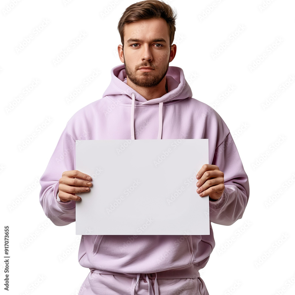 Front view mid body shot of a Caucasian man holding a blank white placard in a purple hoodie and track pants, isolated on a white transparent background Front view mid body shot of a Caucasian man holding a blank white placard in a purple hoodie and track pants, isolated on a white transparent background