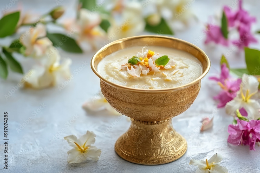 Temple Payasam Ari payasam or sarkara payasam in a golden uruli with flowers on the background, Onam sadhya special food Temple Payasam Ari payasam or sarkara payasam in a golden uruli with flowers on the background, Onam sadhya special food
