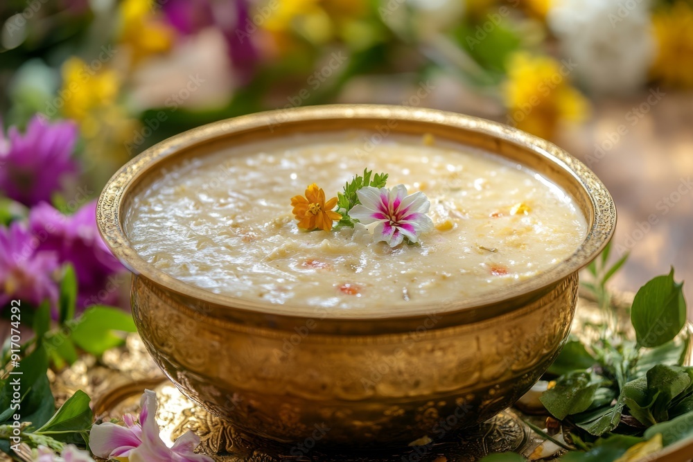 Temple Payasam Ari payasam or sarkara payasam in a golden uruli with flowers on the background, Onam sadhya special food Temple Payasam Ari payasam or sarkara payasam in a golden uruli with flowers on the background, Onam sadhya special food