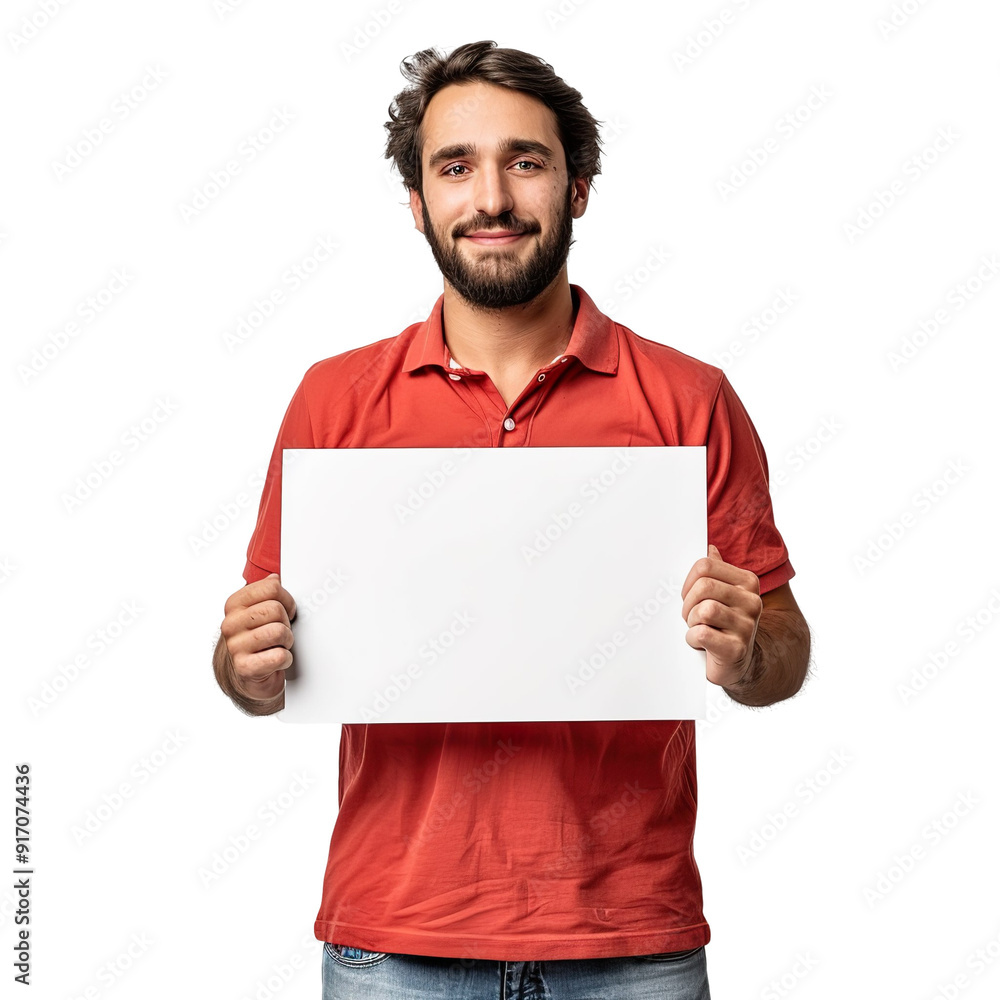Front view mid body shot of a Latin man holding a blank white placard in a red polo shirt and denim shorts, isolated on a white transparent background Front view mid body shot of a Latin man holding a blank white placard in a red polo shirt and denim shorts, isolated on a white transparent background