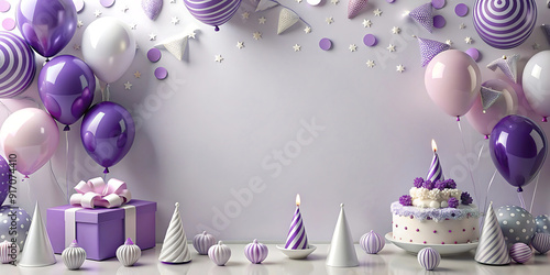 birthday cake with balloons and  purple background