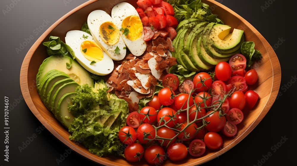 Fresh cobb salad, highlighting its textures, front view from above, studio lighting, white background. Fresh cobb salad, highlighting its textures, front view from above, studio lighting, white background.