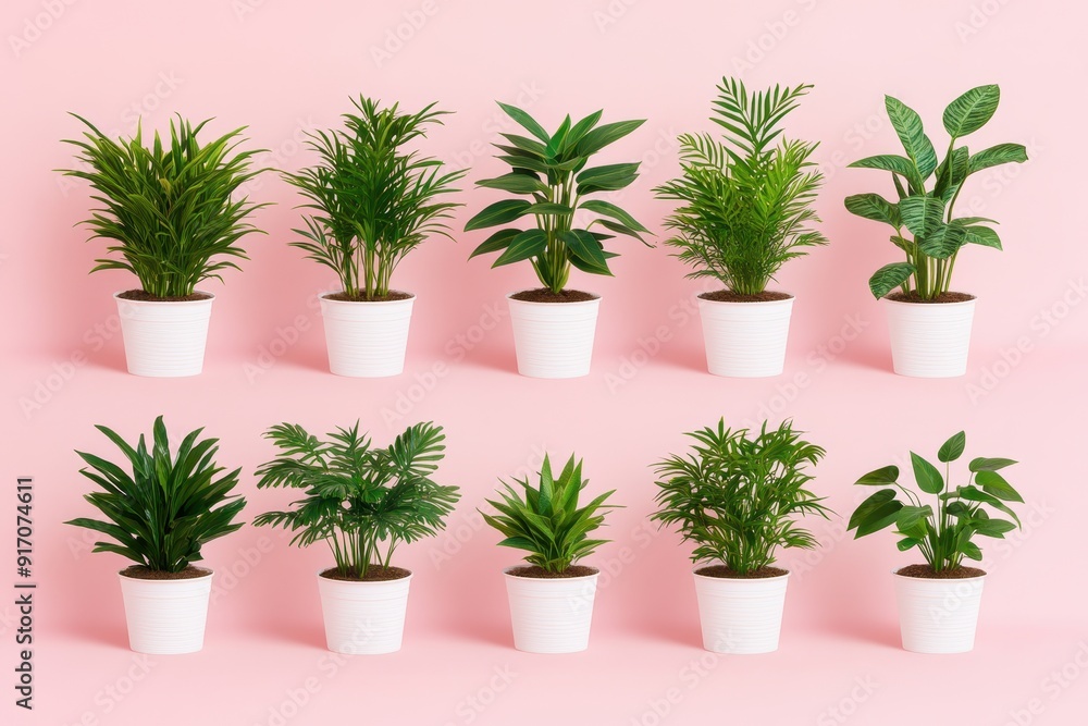 Fototapeta premium A vibrant collection of indoor plants arranged in white pots against a soft pink background, adding freshness to any space.