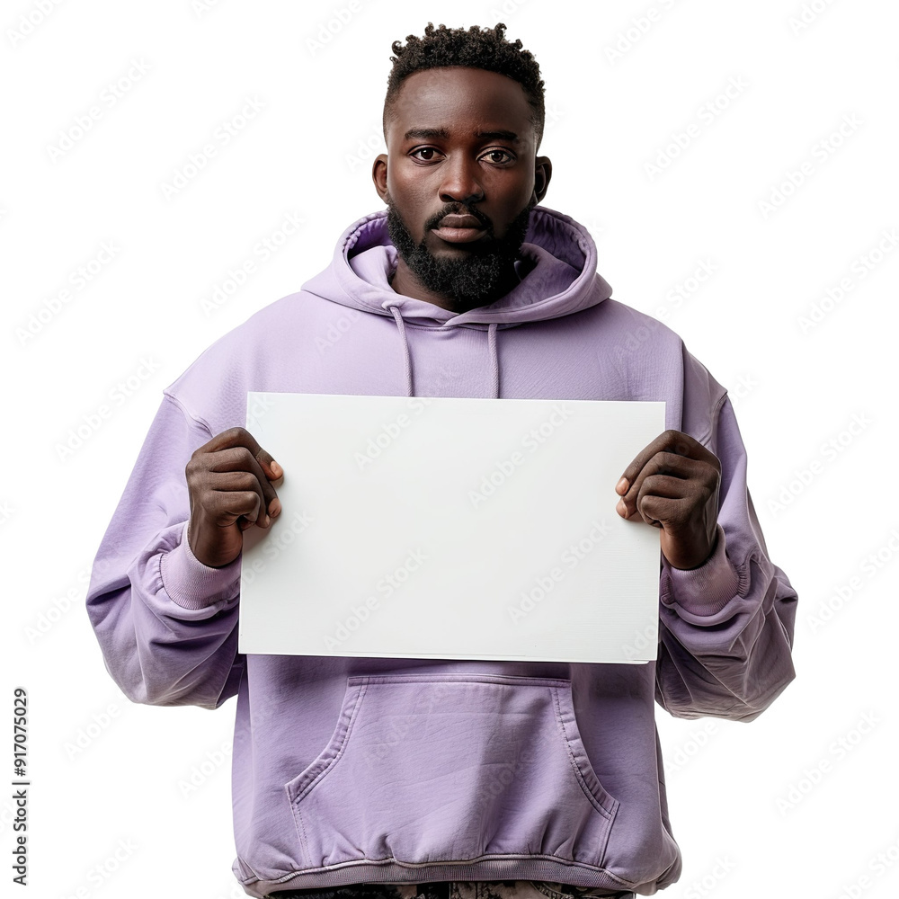 Front view mid body shot of an African man holding a blank white placard in a red polo shirt and denim shorts, isolated on a white transparent background Front view mid body shot of an African man holding a blank white placard in a red polo shirt and denim shorts, isolated on a white transparent background