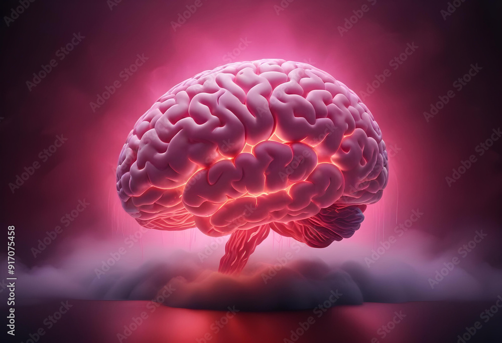 A large glowing pink brain floating in a dark mist on a pink background A large glowing pink brain floating in a dark mist on a pink background