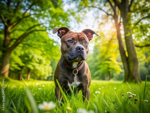 Adorable Staffordshire Bull Terrier intently investigates surroundings, nose twitching, ears perked, as it explores the vibrant green grass and leafy trees of a serene park setting. photo